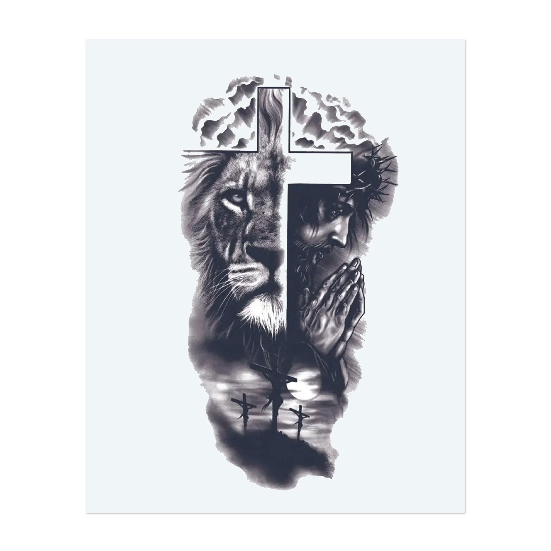 This detailed, realistic black and gray tattoo features a lion's face and a praying Jesus, crowned with thorns, divided by a glowing cross. Below, three crucifixion crosses appear against a cloudy sky, symbolizing sacrifice and faith.