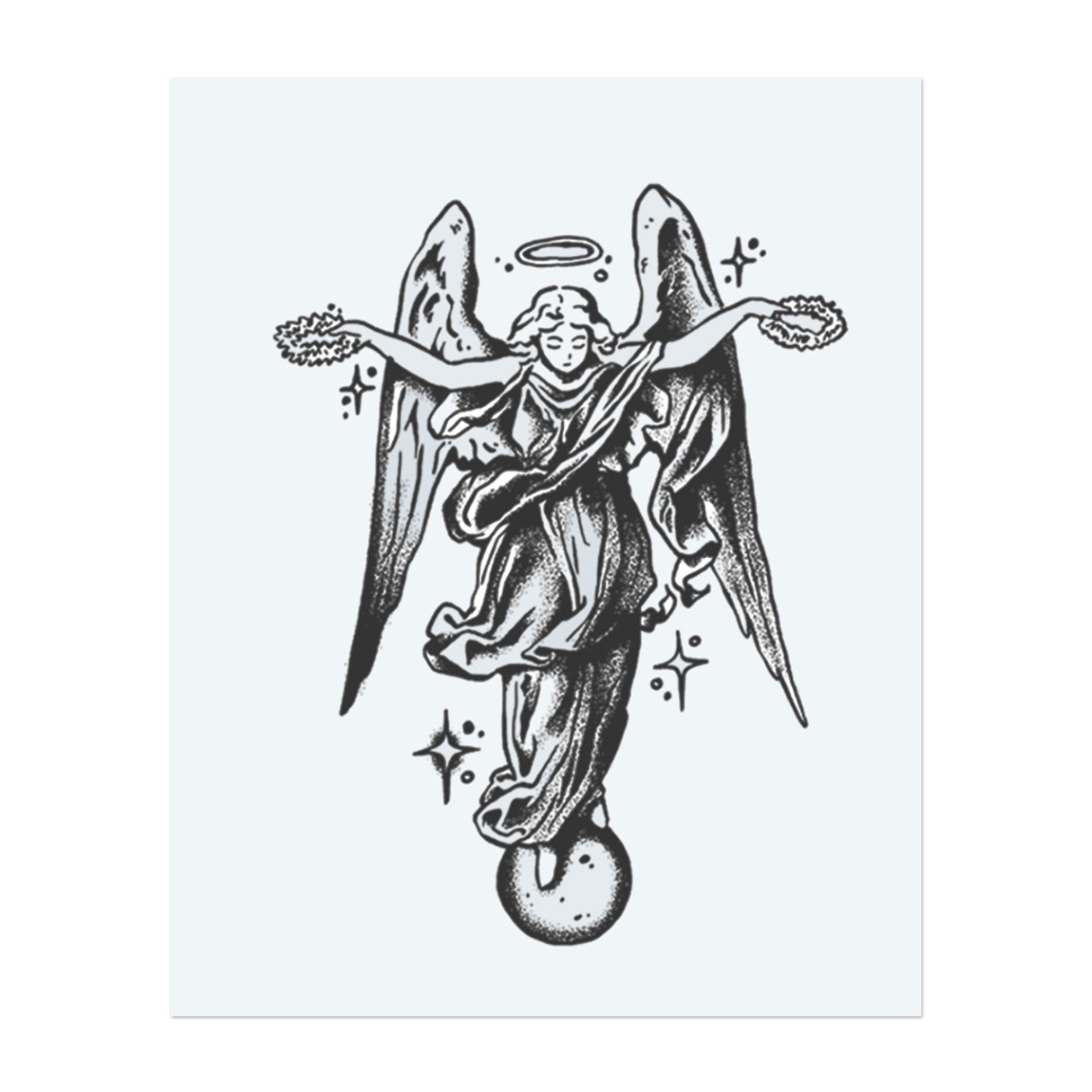 A graceful angel with laurel wreaths hovers above a celestial sphere, symbolizing peace, protection, and divine guidance in a classic blackwork style.</span></p>