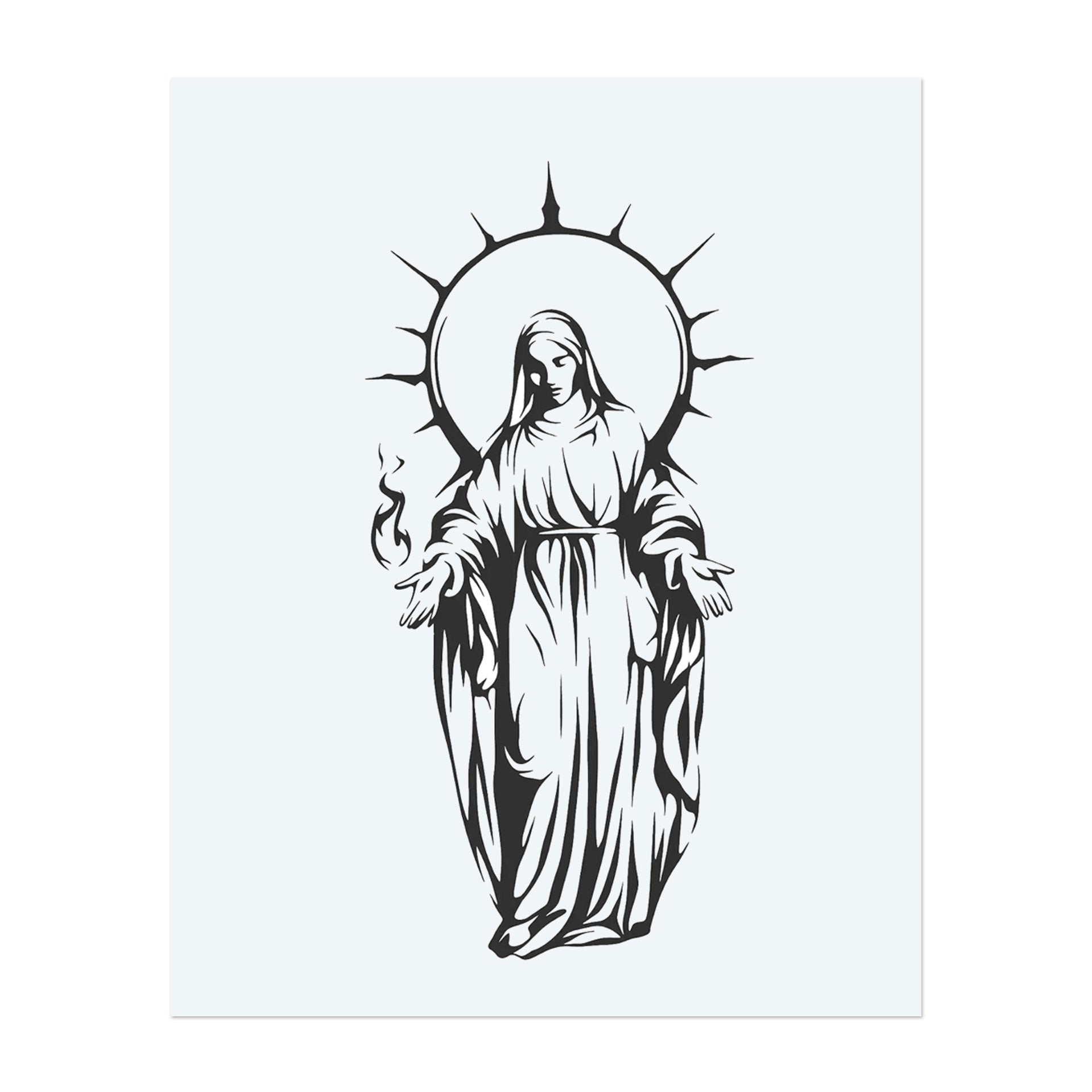 A serene, robed figure radiates divine energy beneath a radiant halo, hands open in a gesture of peace. Bold lines and gentle curves create a powerful, spiritual presence and evoke purity and protection.