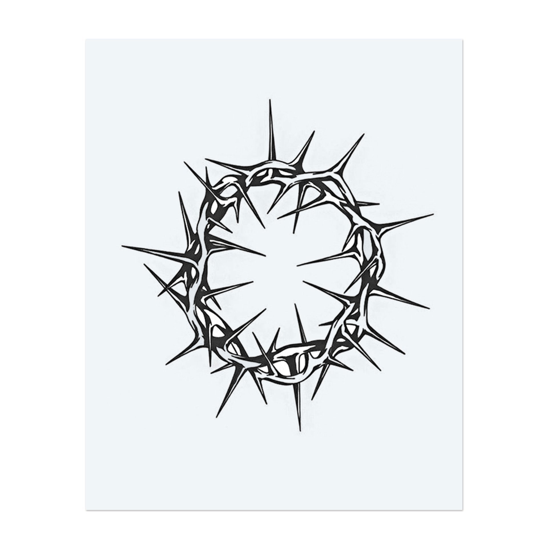This striking temporary tattoo features a jagged circle of intertwined thorns, each thorn individually detailed for maximum impact. The design symbolizes sacrifice and resilience and offers a bold, minimalist aesthetic with deep emotional undertones.</span></p>