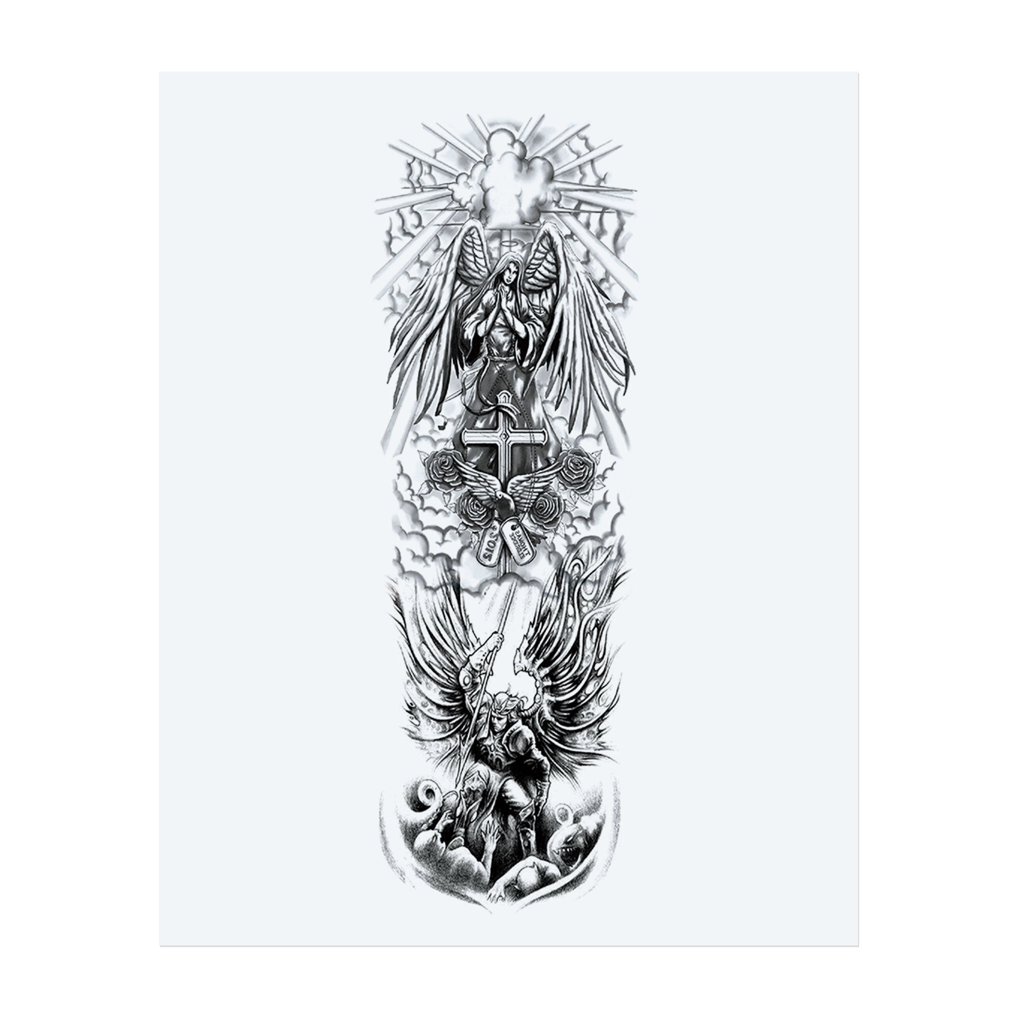 An imposing vertical scene unfolds with figures of praying angels, a cross decorated with roses and dog tags, and a fierce archangel descending with a sword. This tattoo embodies themes such as sacrifice, divine power, and heavenly justice in breathtaking blackwork.