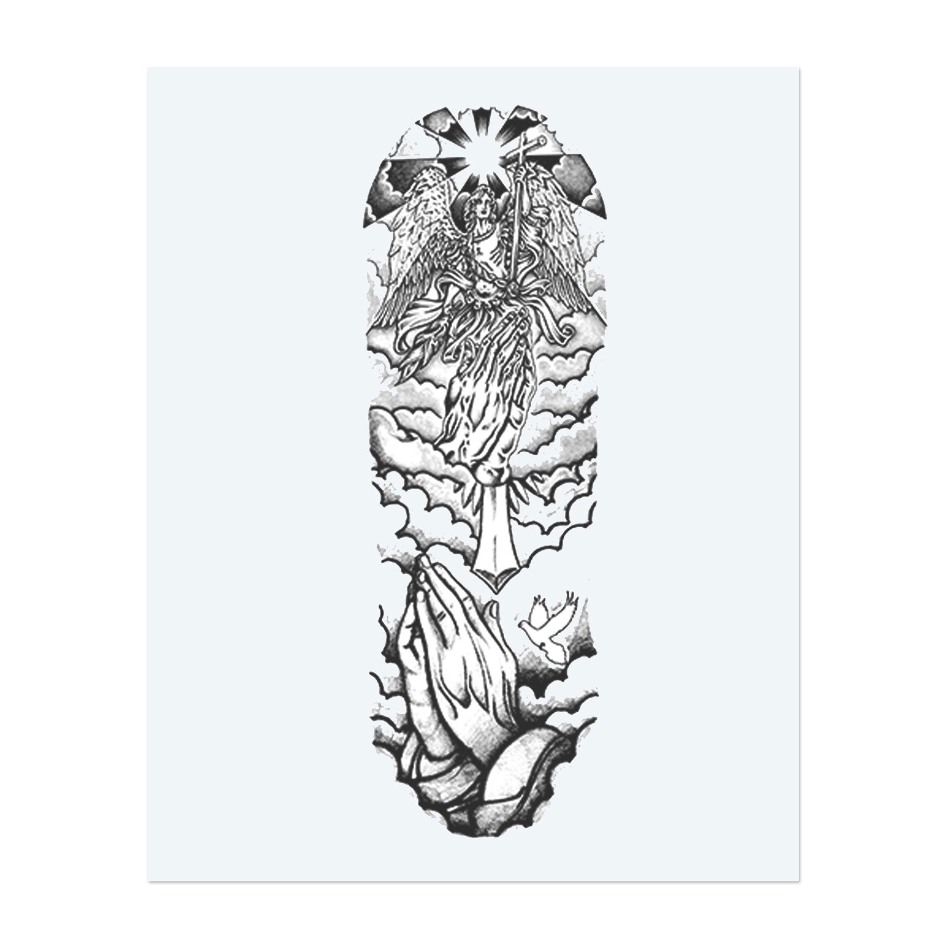 An angel with a staff soars amid radiant rays and billowing clouds, crowned by a starry sky. Below, hands clasped in prayer and a flying dove symbolize peace and devotion. This tattoo embodies spiritual grandeur and divine serenity in a classic and reverent style.