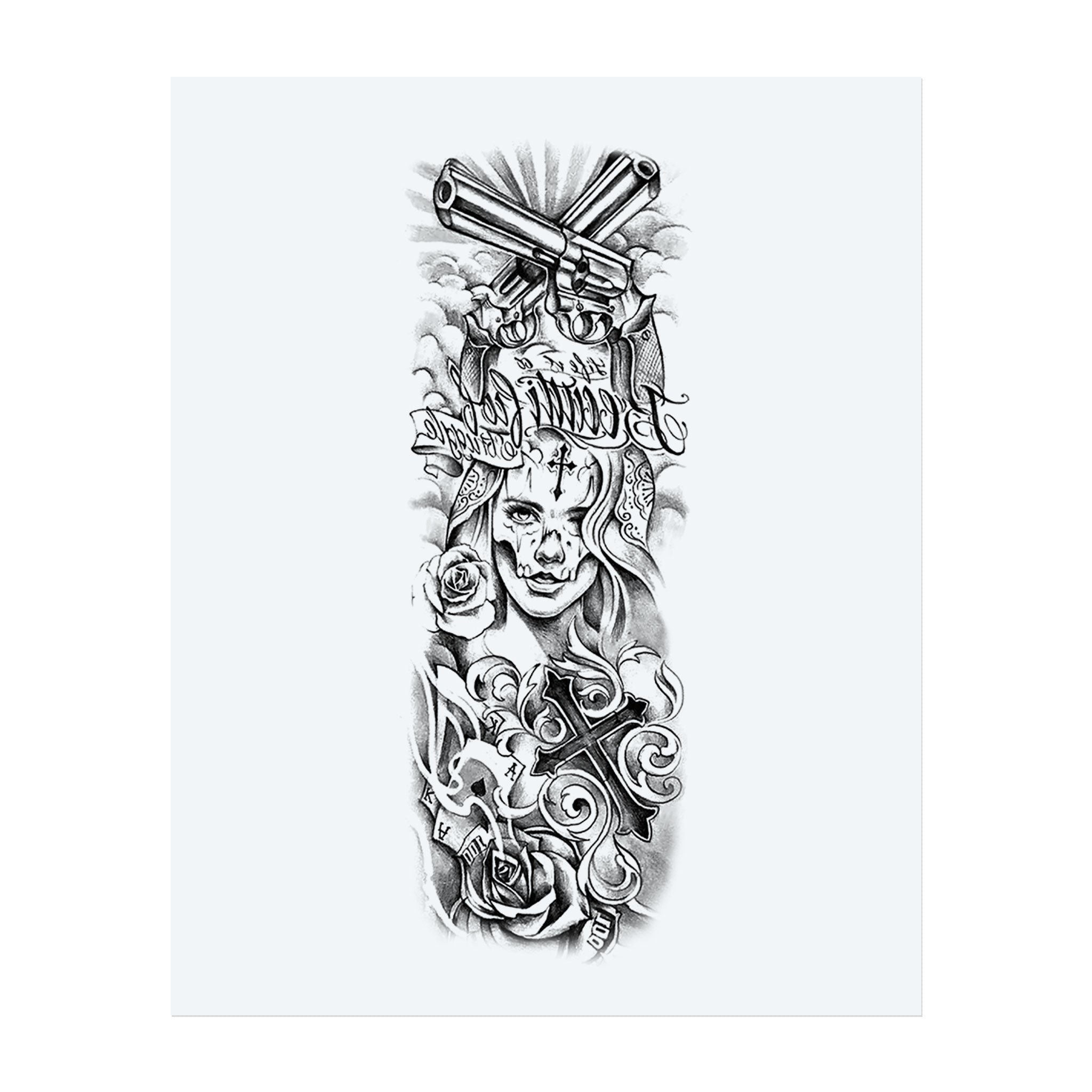 A bold blend of Chicano art, this tattoo depicts a smiling Calavera woman beneath crossed pistols, surrounded by roses, letters, and religious iconography. It tells a story of strength, struggle, and cultural pride with rich and obscure details.