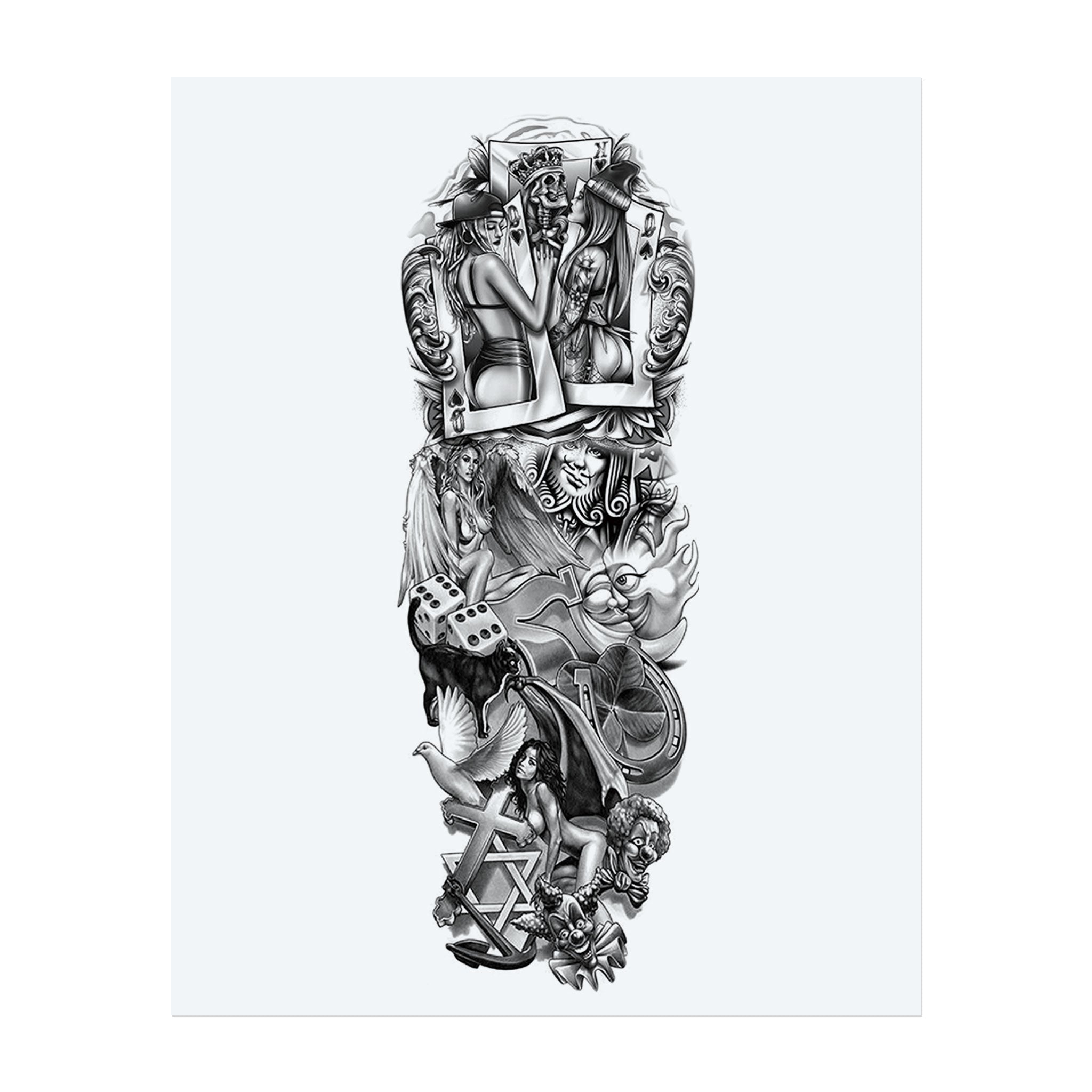 This tattoo features a vibrant collage of playing cards, dice, women, flames, and doves, symbolizing destiny, passion, and the chaos of life. Each element intertwines in a dramatic tale of risk, desire, and the pursuit of freedom.</span></p>