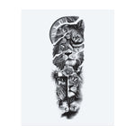 A powerful sequence of lion faces leads to a bright-eyed guardian beneath a broken clock, symbolizing courage through time. With a cross and a praying Christ figure in the center, this tattoo combines spiritual faith, inner strength, and eternal vigilance.