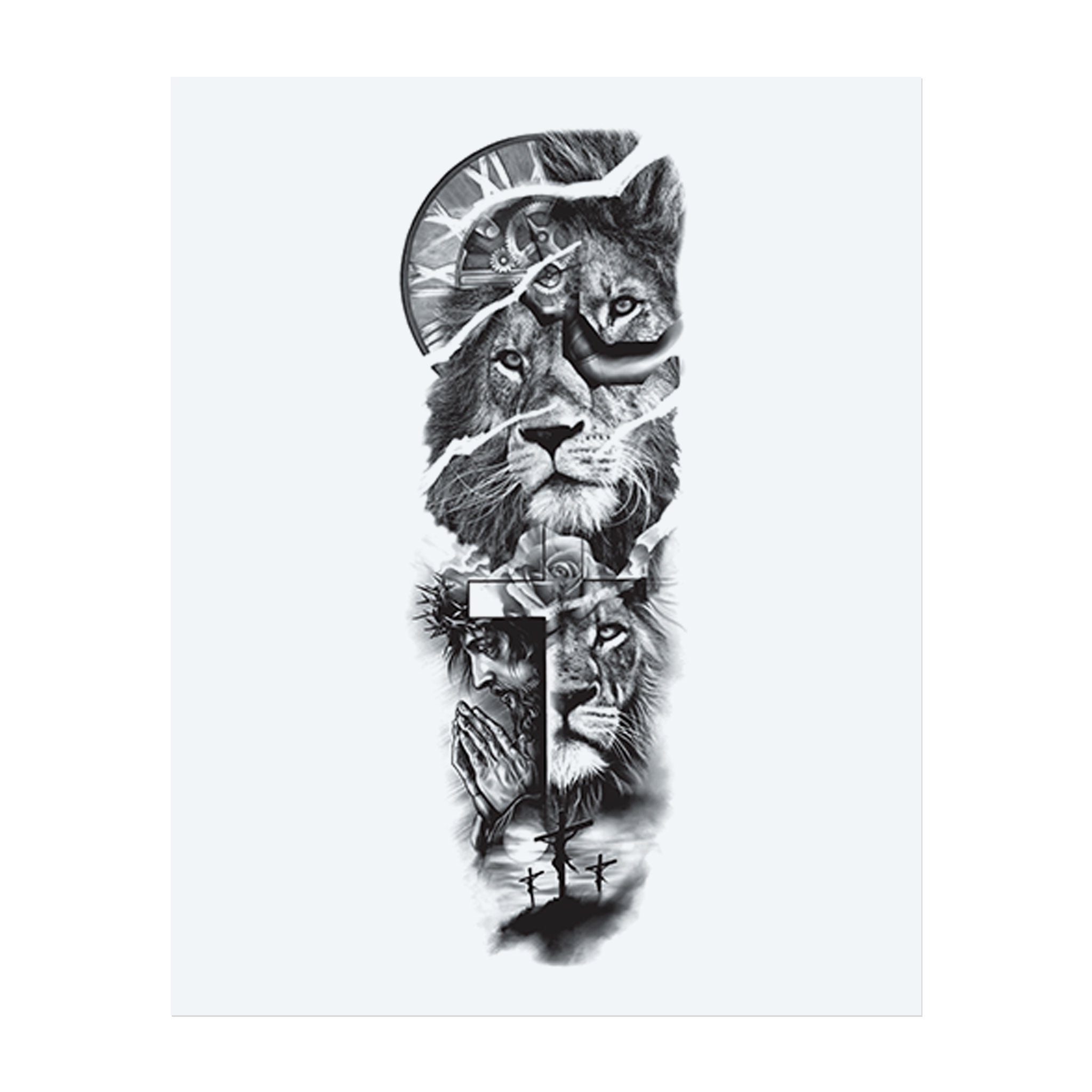 A powerful sequence of lion faces leads to a bright-eyed guardian beneath a broken clock, symbolizing courage through time. With a cross and a praying Christ figure in the center, this tattoo combines spiritual faith, inner strength, and eternal vigilance.