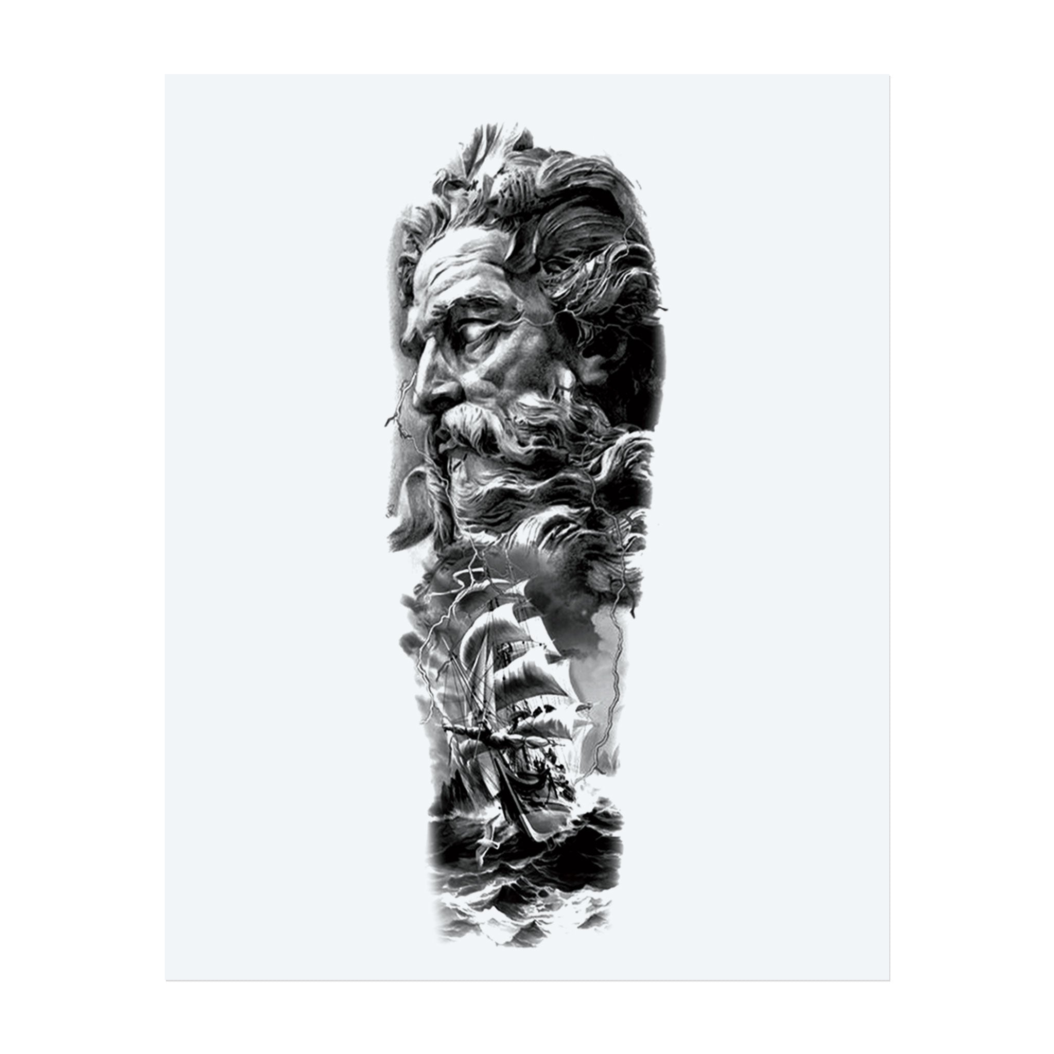 A thunderous, god-like face dominates the stormy sky. His intense gaze rests on a ship trapped in the chaotic sea. Lightning flashes through his flowing beard, merging the divine with the elements in a tribute to myth and power.