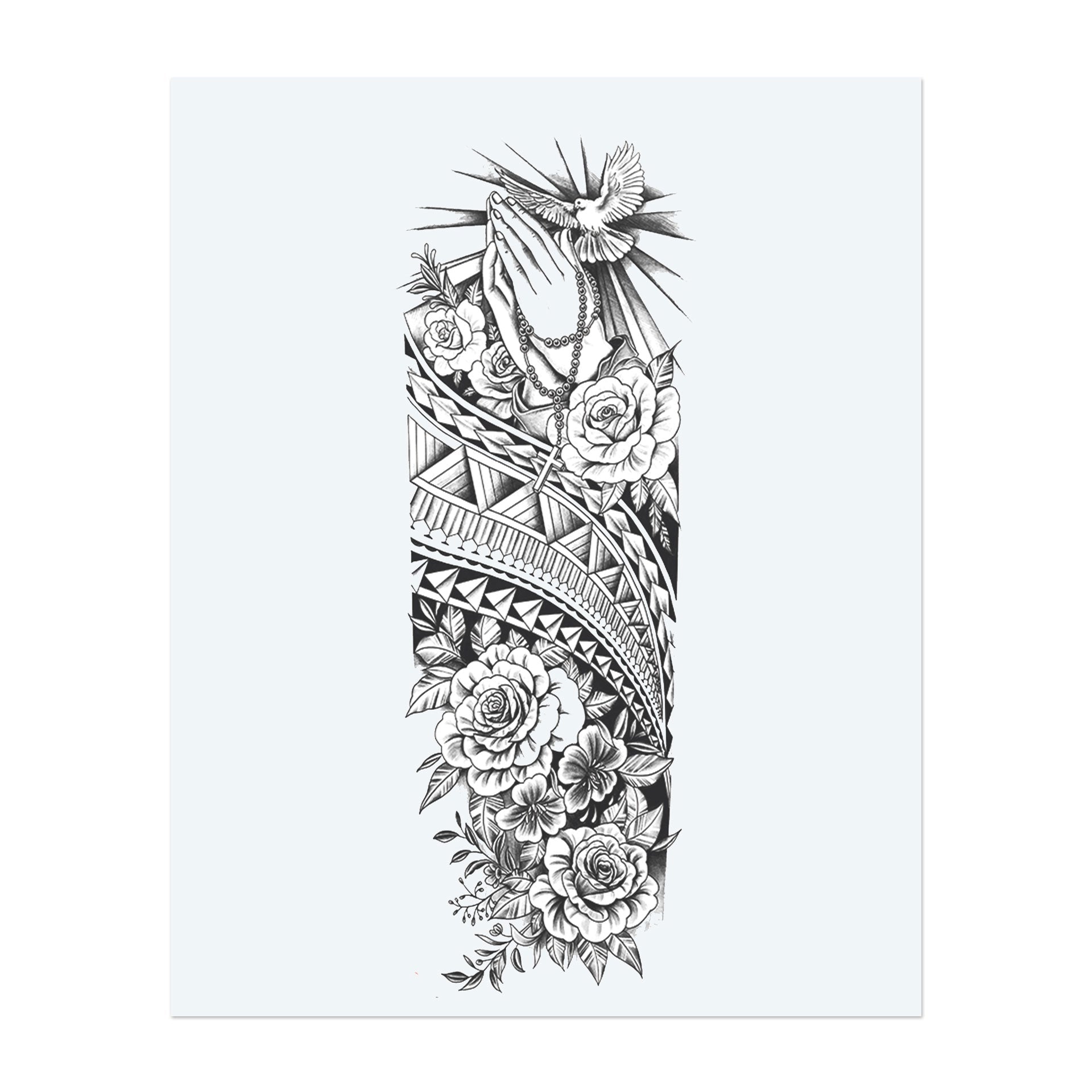 A pair of hands clasped in prayer hold a rosary beneath radiant rays, while a dove peacefully ascends. Surrounded by detailed roses and tribal-style geometric patterns, this tattoo combines faith, purity, and cultural beauty in a calm and symbolic composition.