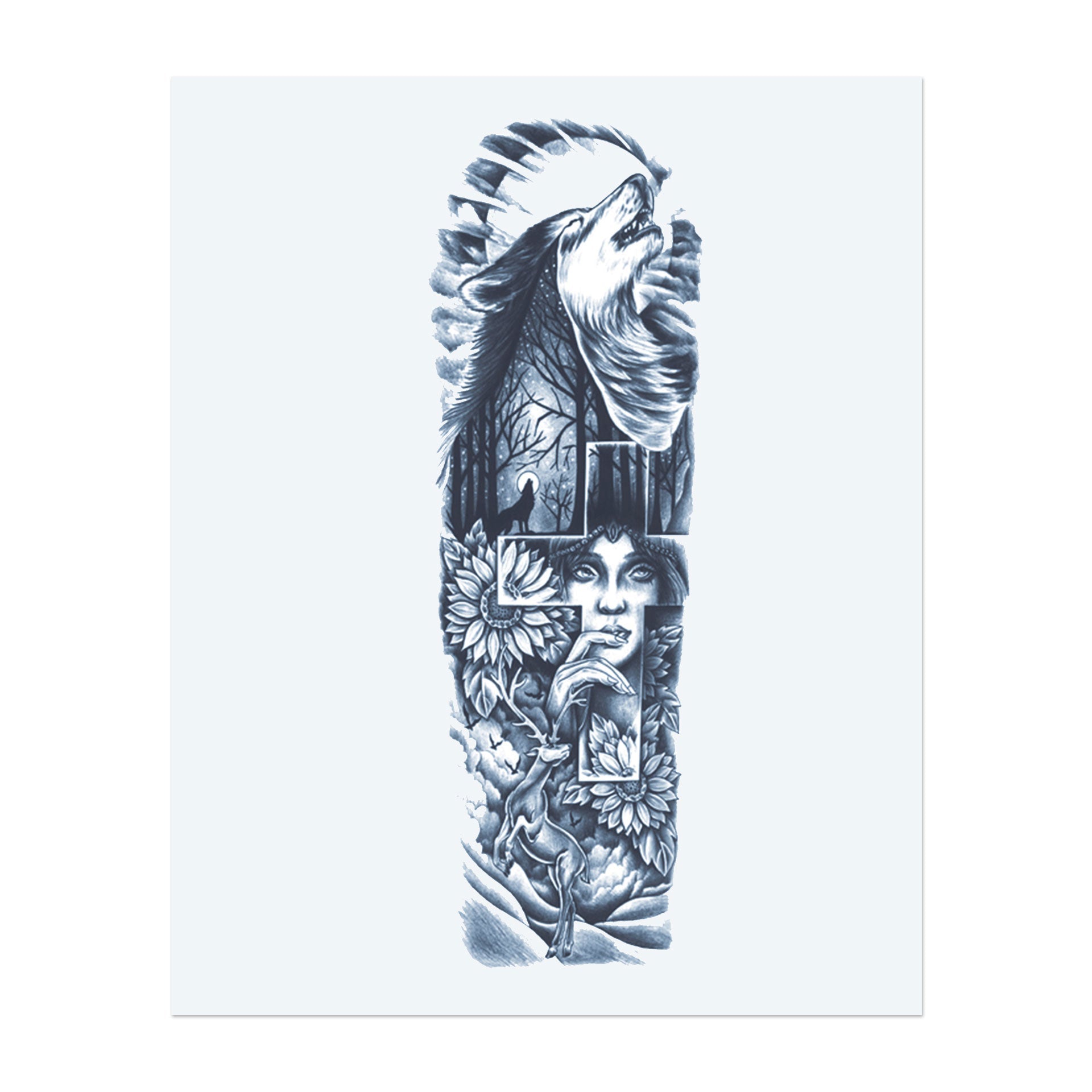 Dieses Sleeve zeigt einen mächtigen Wolf, der unter dem Mond heult, mit einer Waldszene, einer friedlichen Frau und einem Reh. Das Kreuz in der Mitte verbindet alle Elemente und symbolisiert Stärke, Natur und inneren Frieden in Harmonie.
