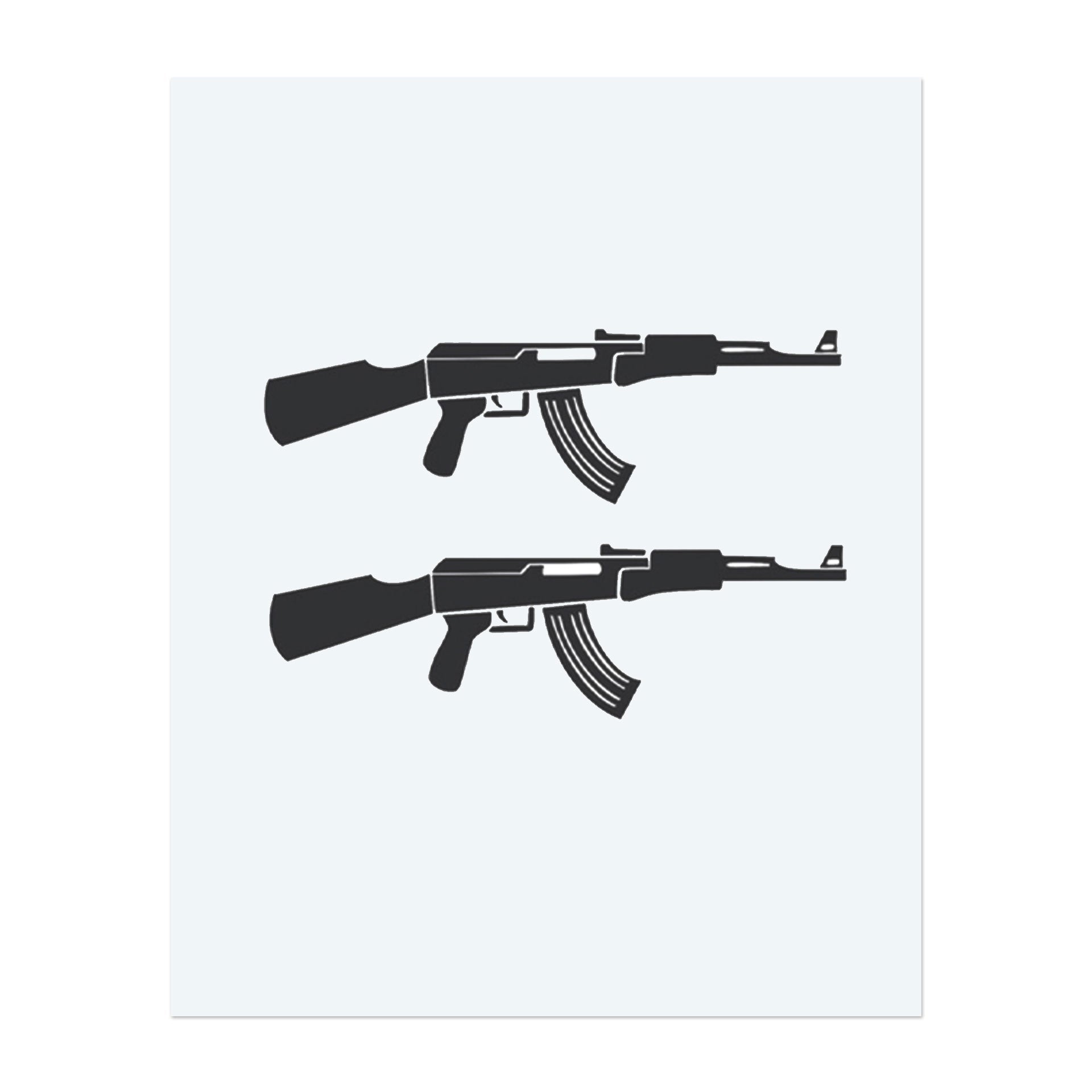 The sleek, minimalist silhouette of two assault rifles in pure black. This temporary tattoo makes a bold and controversial statement, emphasizing raw power and powerful imagery with a clear graphic effect.