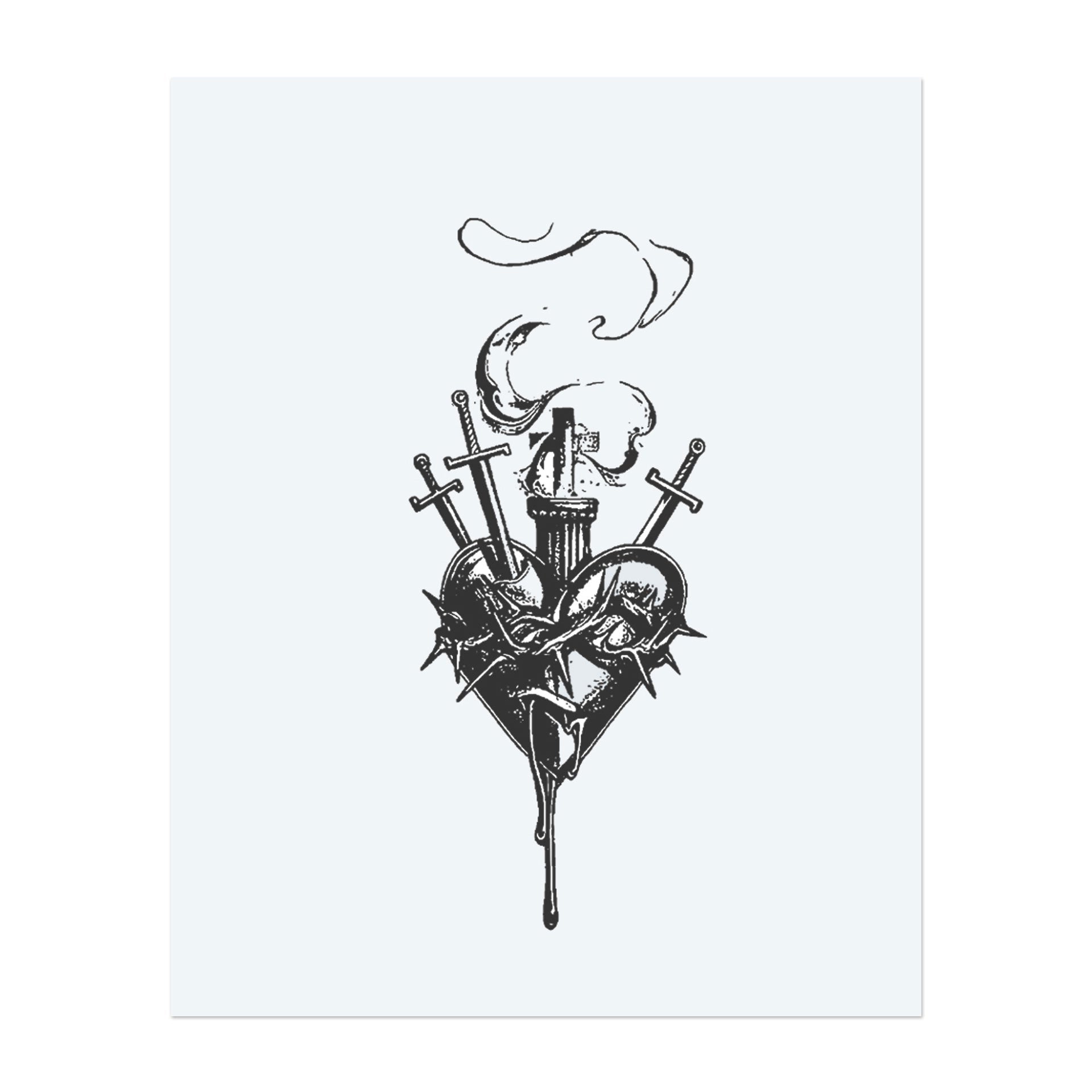 A bleeding heart, wrapped in thorns and pierced by swords, rises with rising smoke and a candle flame. This spectacular temporary tattoo evokes themes of sacrifice, perseverance, and spiritual struggle with hauntingly detailed gothic art.