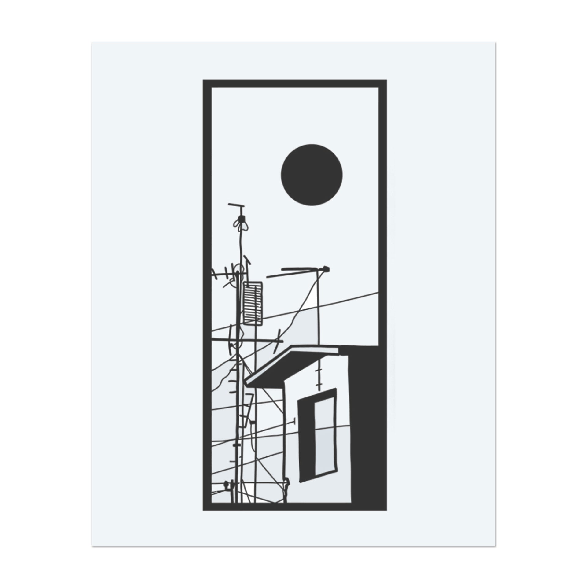 This temporary tattoo in a transparent rectangular frame depicts a city rooftop with antennas under a blazing black sun. The minimalist lines and tangle of cables create a calm and contemplative atmosphere—solitude meets the geometry of urban life.