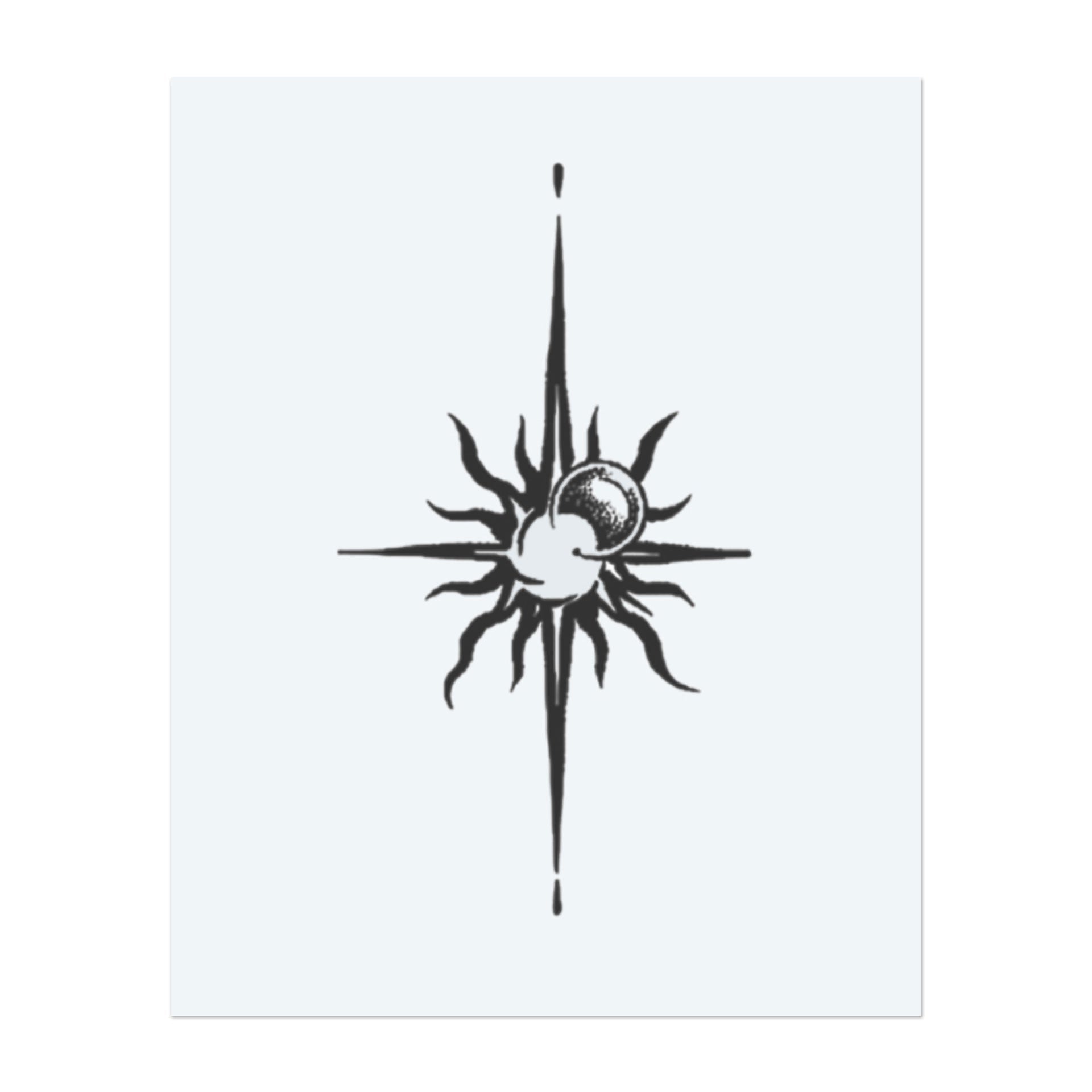 A celestial design connecting the sun and moon with a four-pointed star. The swirling rays and cosmic center convey balance and direction, making it a perfect symbol for inner guidance and cosmic energy.</span></p>
