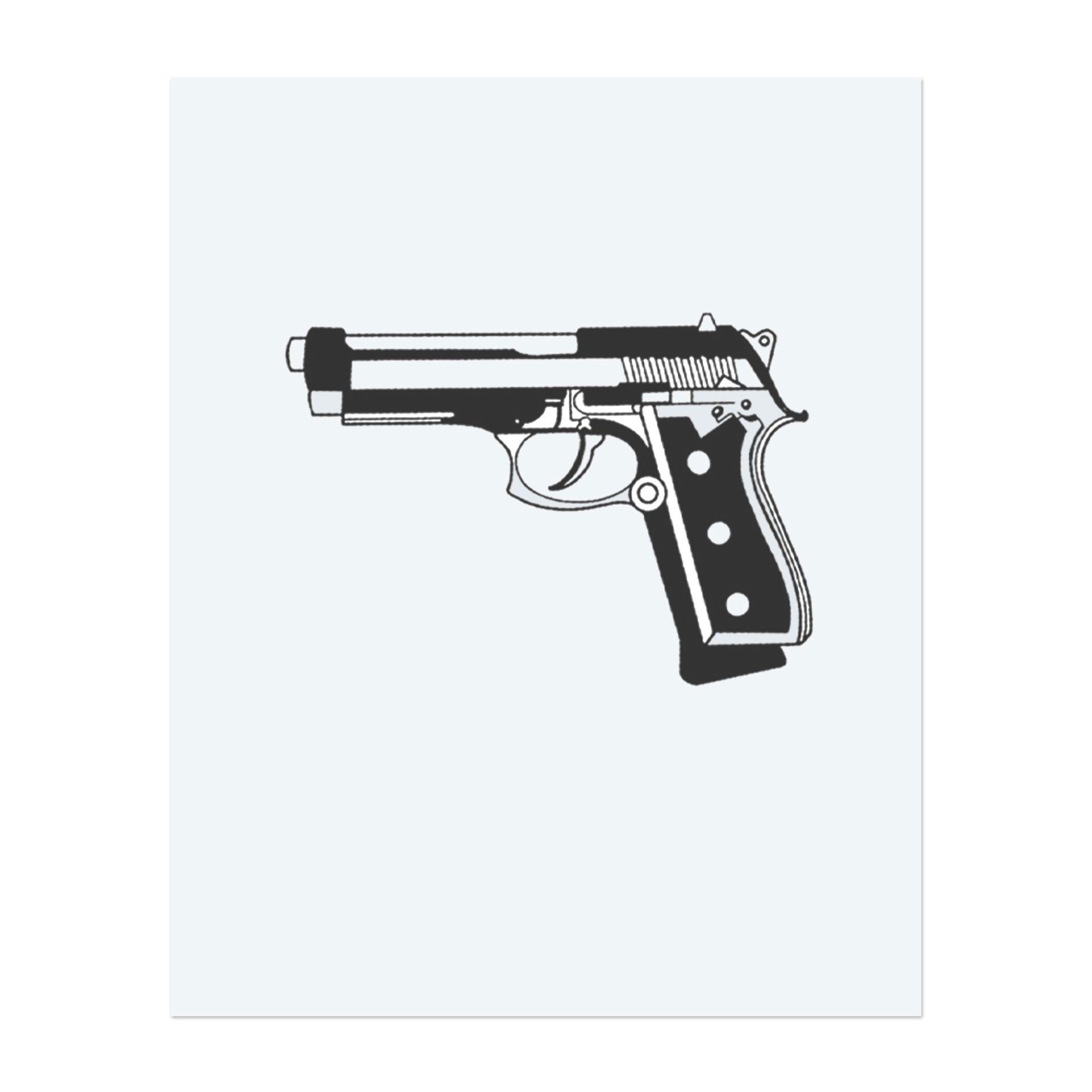 A striking, minimalist representation of a semi-automatic pistol, this design captures the mechanical precision and powerful symbolism of a firearm. Its clean lines and strong contrast give it a strong, iconic presence.</span></p>