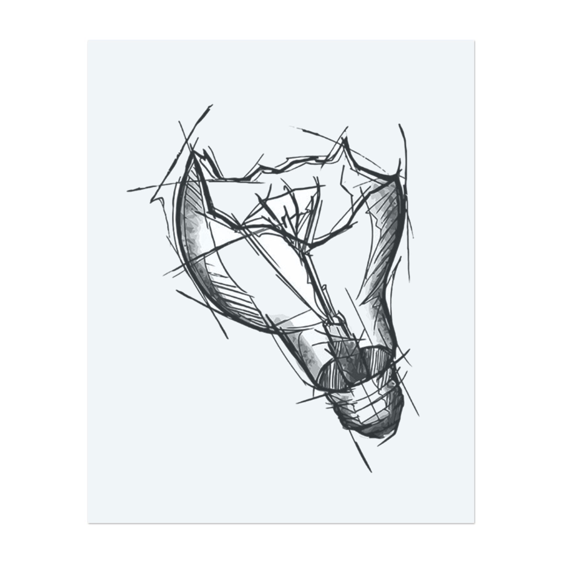 This sketchy drawing features a broken light bulb, symbolizing broken thoughts or a loss of inspiration. Chaotic lines and jagged edges create a raw, expressive look with deep emotional undertones.