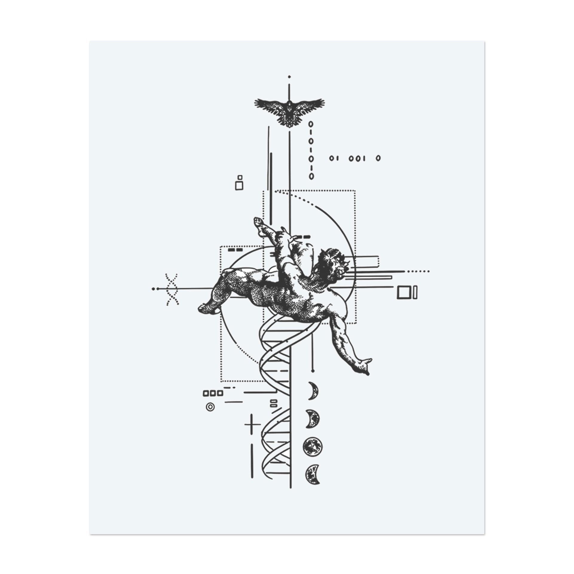 This design is a fusion of classical art and futuristic symbolism. It depicts a muscular figure intertwined with a DNA helix, surrounded by geometric patterns, moon phases, and binary code. It explores the intersection of creation, science, and cosmic destiny.