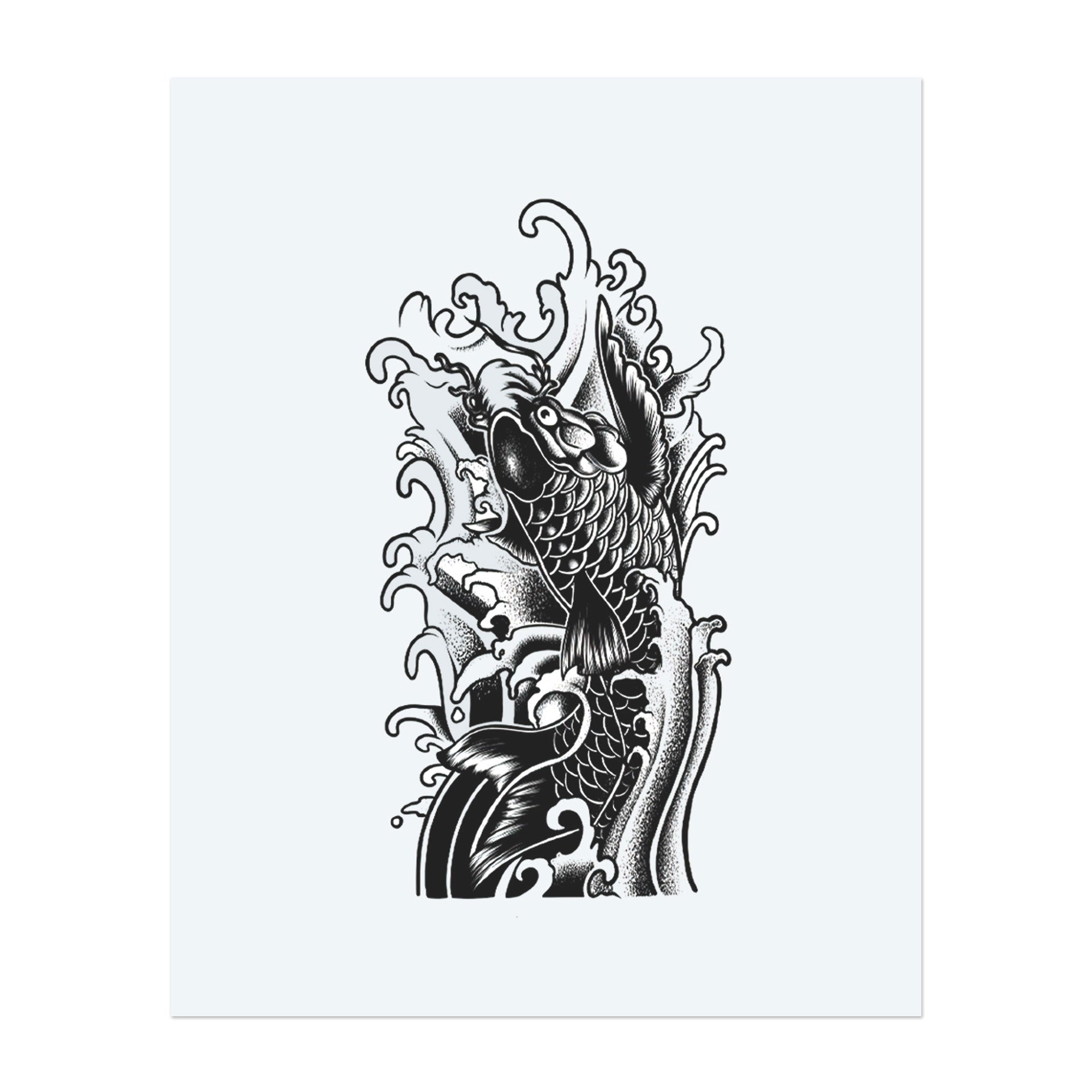 A dynamic koi fish leaps through swirling waves in this bold, traditional design. The detailed scales and flowing movements symbolize strength, endurance, and transformation. They recall timeless oriental art and personal growth.