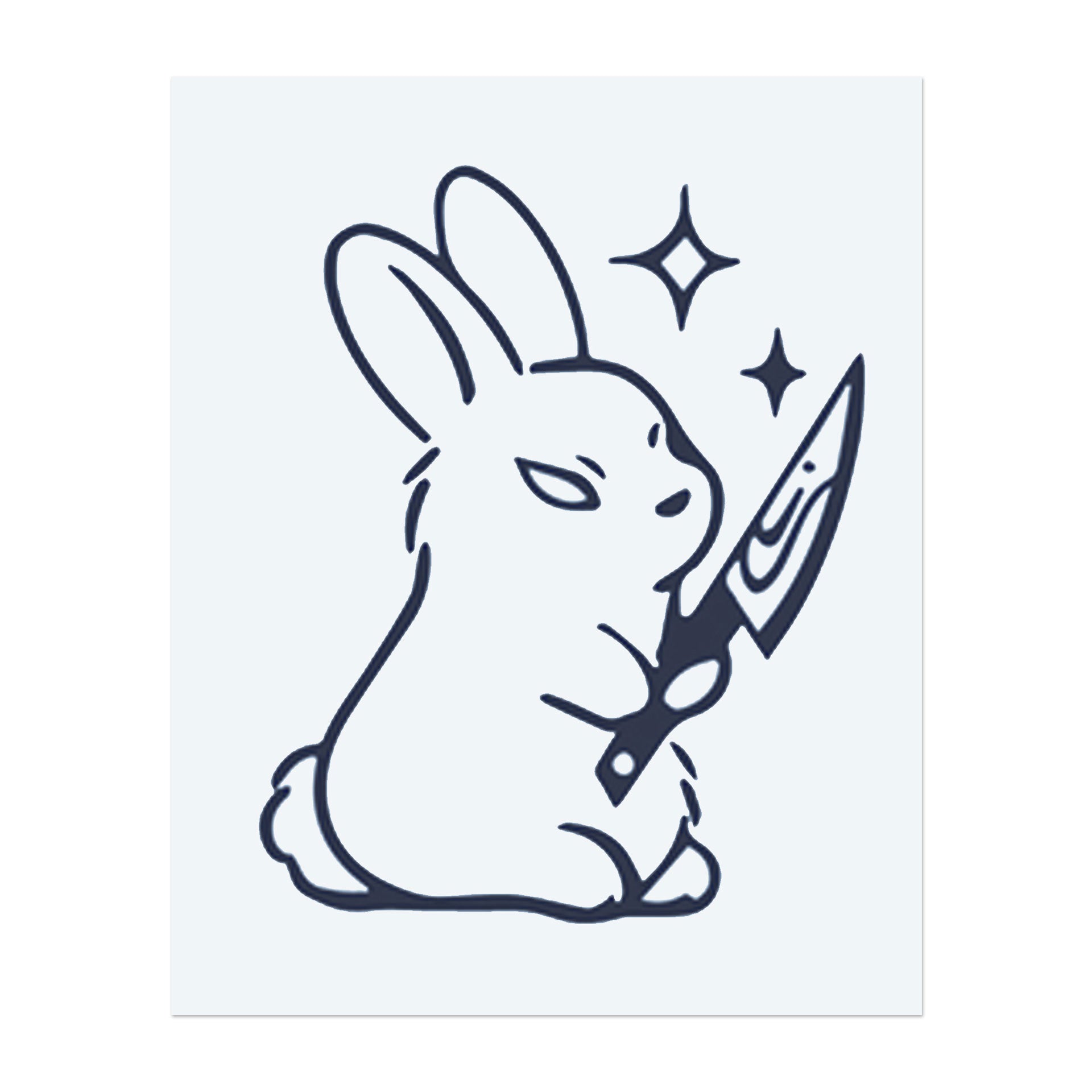 Ein Kaninchen, das ein Messer hält, umgeben von Sternen. Es symbolisiert unerwartete Gefahr, eine verspielte Wendung der Gewalt oder ein Symbol der Dualität.